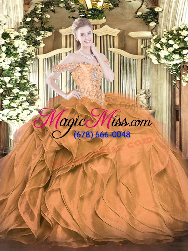 wholesale popular floor length lace up quinceanera dresses brown for military ball and sweet 16 and quinceanera with beading and ruffles