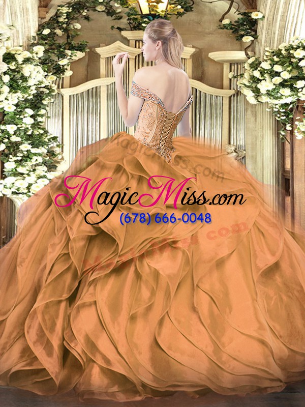 wholesale popular floor length lace up quinceanera dresses brown for military ball and sweet 16 and quinceanera with beading and ruffles
