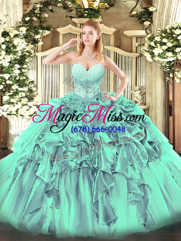 wholesale fashion floor length lace up vestidos de quinceanera turquoise for military ball and sweet 16 and quinceanera with beading and ruffles