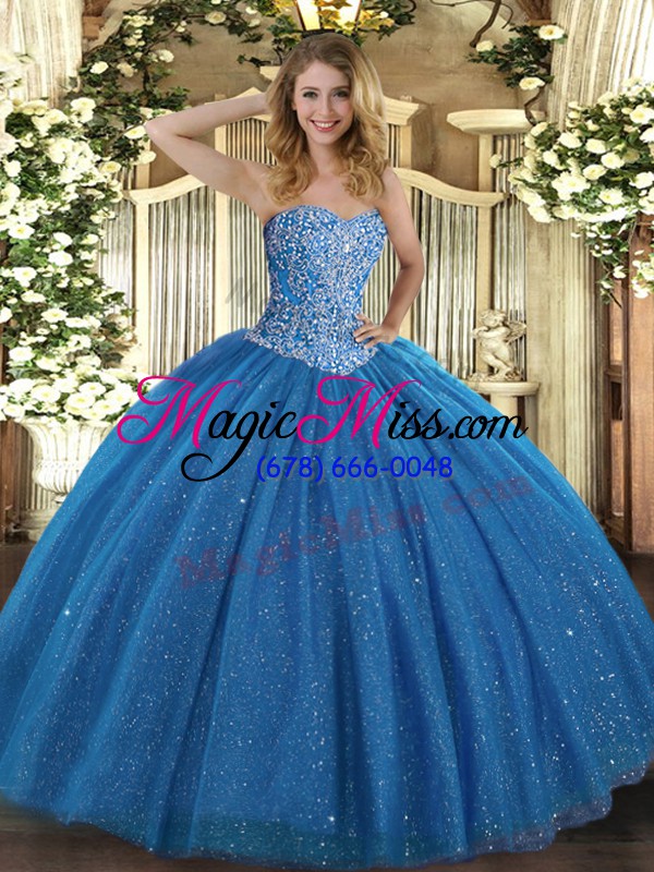 wholesale sophisticated blue tulle lace up ball gown prom dress sleeveless floor length beading