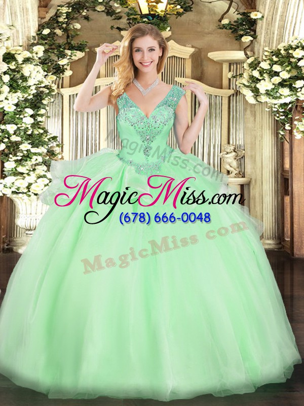 wholesale apple green ball gowns tulle v-neck sleeveless beading floor length lace up 15th birthday dress
