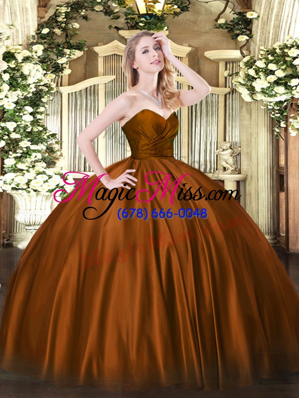 wholesale shining brown ball gowns sweetheart sleeveless organza floor length zipper ruching quinceanera gown