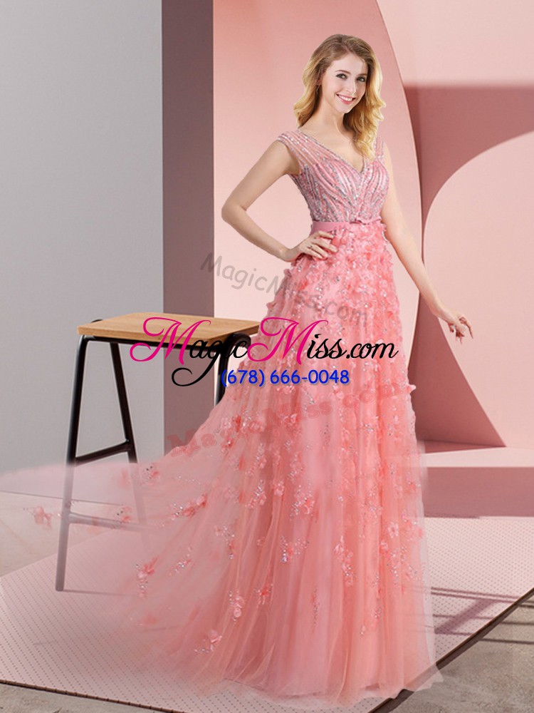 wholesale pink empire v-neck sleeveless tulle sweep train zipper beading and appliques homecoming dress
