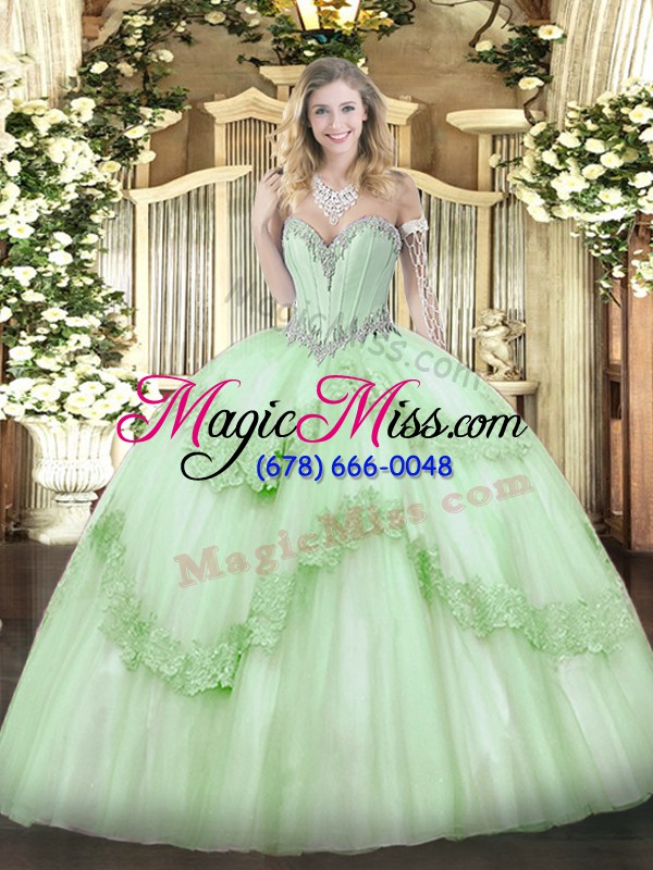 wholesale deluxe apple green ball gowns beading and appliques 15 quinceanera dress lace up tulle sleeveless floor length