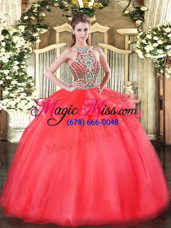 wholesale floor length ball gowns sleeveless coral red quinceanera dresses lace up