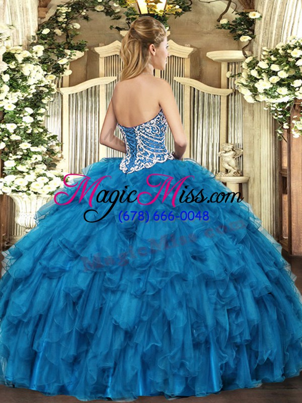 wholesale comfortable blue tulle lace up quinceanera dress sleeveless floor length beading and ruffles