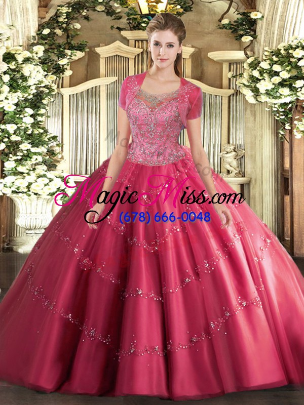 wholesale ball gowns 15 quinceanera dress hot pink scoop tulle sleeveless floor length clasp handle
