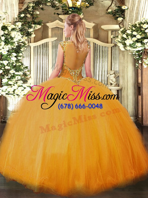 wholesale sleeveless floor length beading zipper quinceanera dress with gold