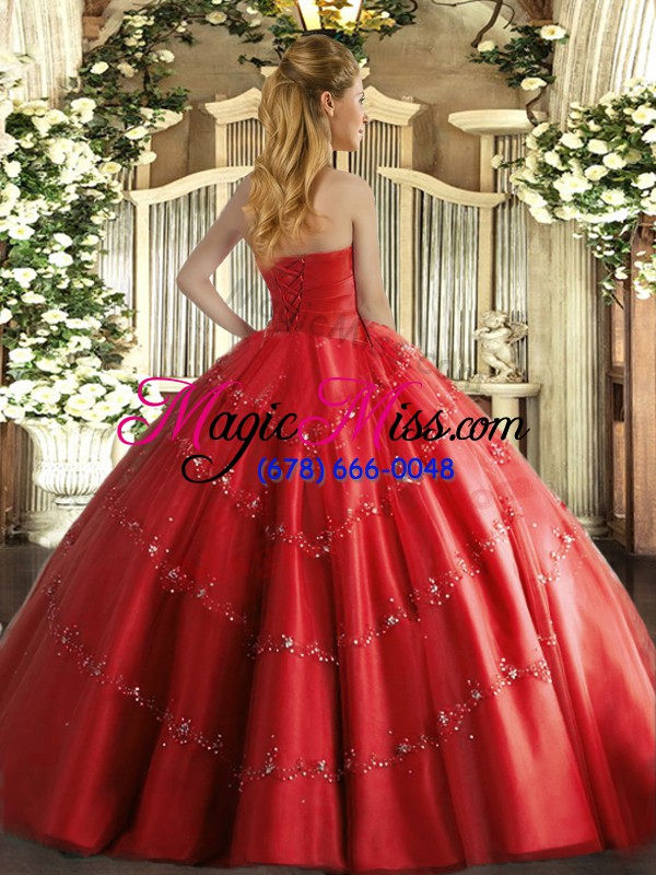 wholesale tulle strapless sleeveless lace up appliques quinceanera gowns in fuchsia