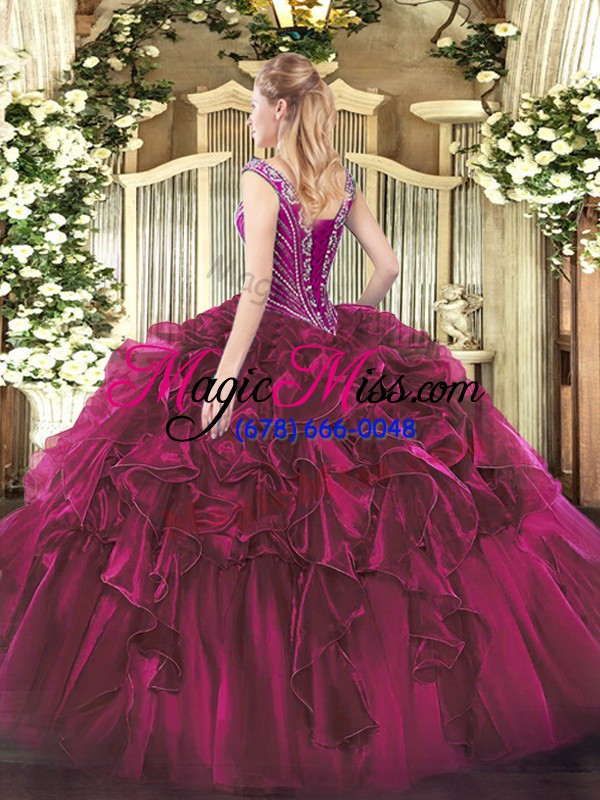 wholesale custom fit sleeveless organza floor length lace up quinceanera dress in wine red with beading and ruffles