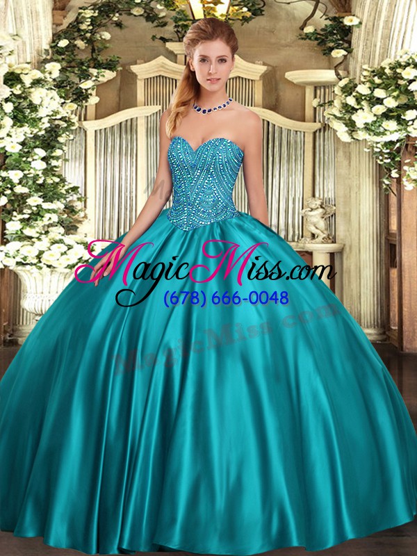 wholesale teal sleeveless satin lace up quince ball gowns for military ball and sweet 16 and quinceanera