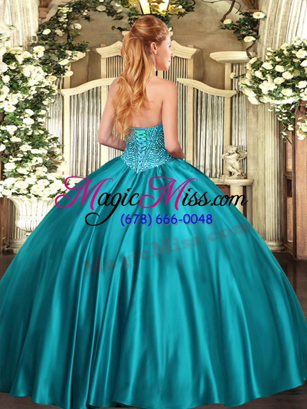 wholesale teal sleeveless satin lace up quince ball gowns for military ball and sweet 16 and quinceanera