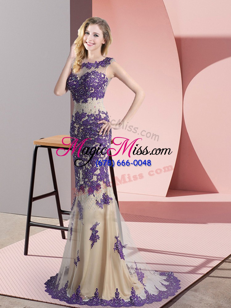 wholesale luxury champagne scoop neckline beading and appliques sleeveless side zipper