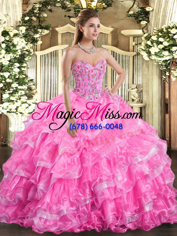 wholesale elegant rose pink sleeveless embroidery and ruffled layers floor length sweet 16 dresses
