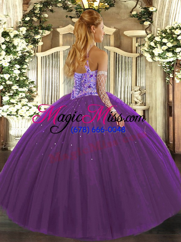 wholesale fuchsia ball gowns tulle halter top sleeveless beading and embroidery floor length lace up quinceanera dresses