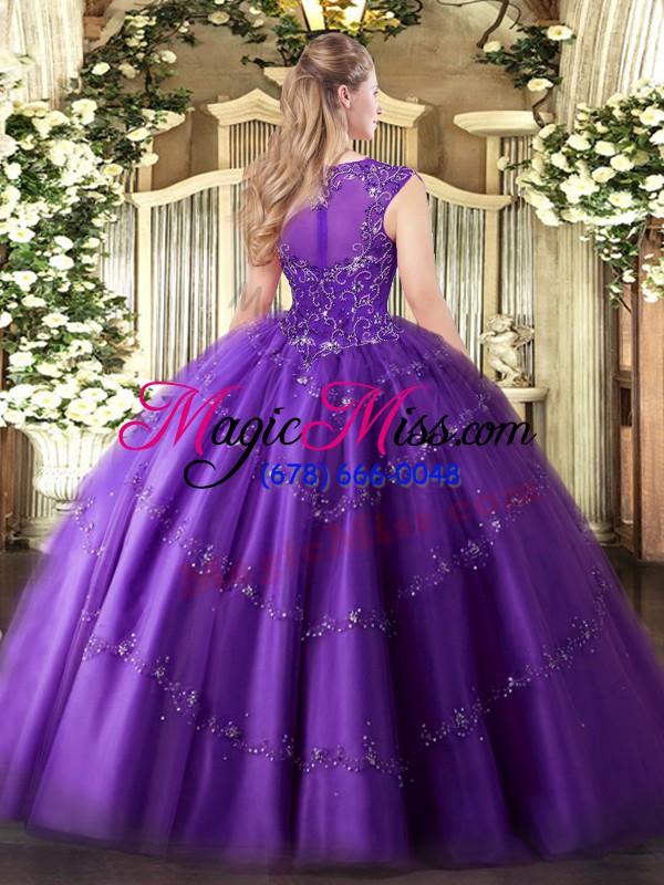 wholesale purple tulle zipper scoop sleeveless floor length ball gown prom dress beading and appliques