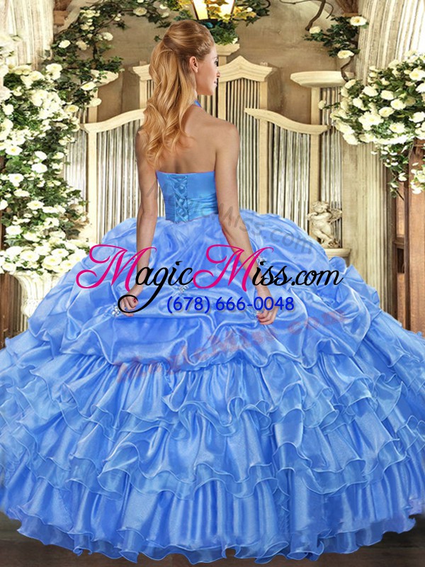 wholesale sleeveless floor length ruffled layers and pick ups lace up quinceanera dress with blue
