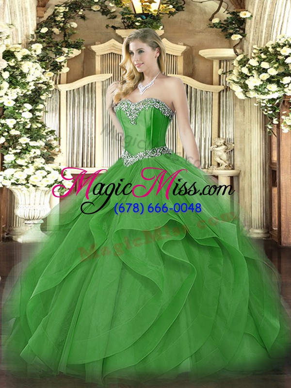 wholesale inexpensive sweetheart sleeveless vestidos de quinceanera floor length beading and ruffles green tulle