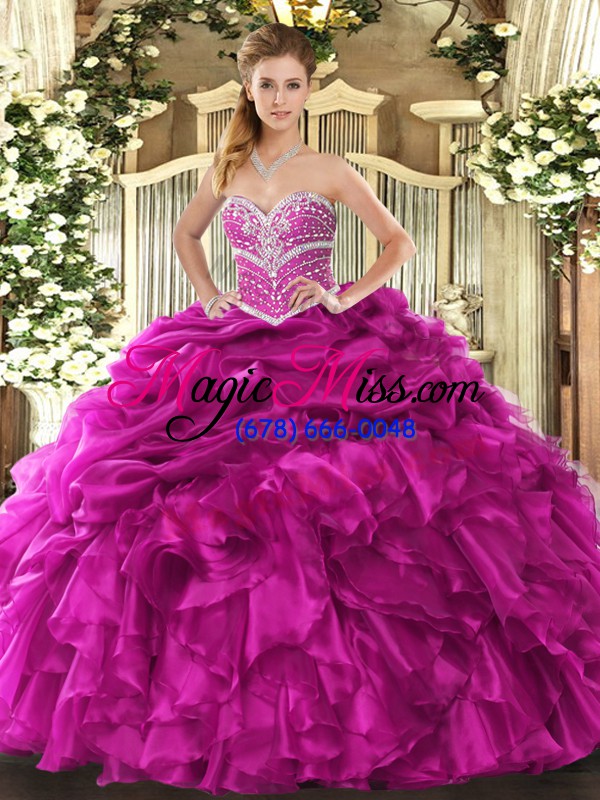 wholesale modern fuchsia organza lace up sweetheart sleeveless floor length quinceanera dress beading and ruffles and pick ups