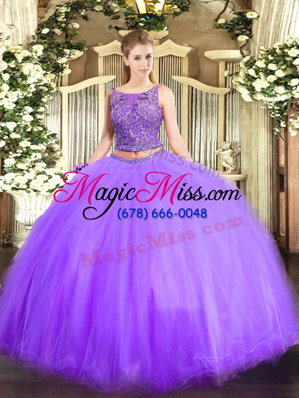 wholesale fashionable lavender tulle lace up scoop sleeveless floor length quinceanera gown beading
