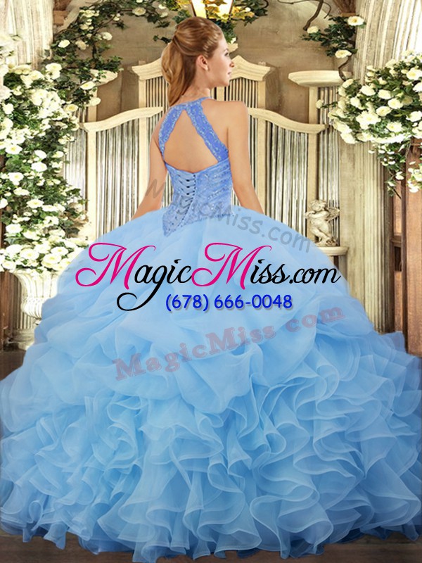 wholesale new style blue organza lace up quince ball gowns sleeveless floor length beading and ruffles and pick ups