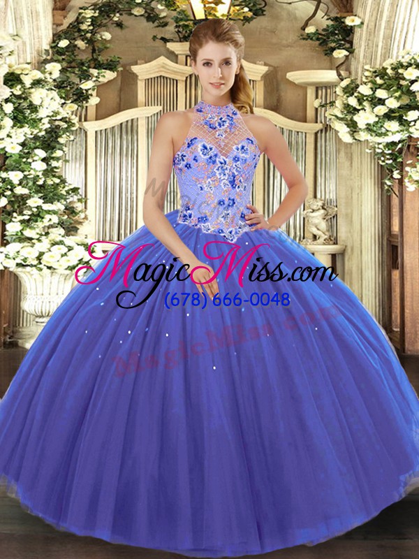 wholesale blue halter top lace up embroidery sweet 16 quinceanera dress sleeveless