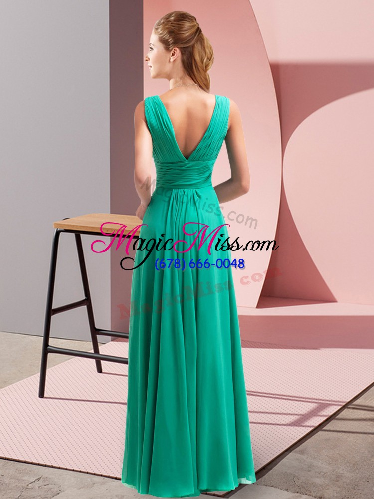 wholesale luxury v-neck sleeveless prom dresses floor length beading and ruching purple chiffon