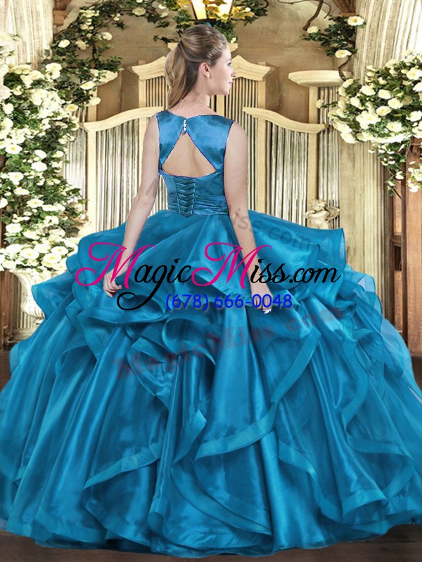 wholesale custom fit sleeveless floor length ruffles lace up quinceanera dresses with teal