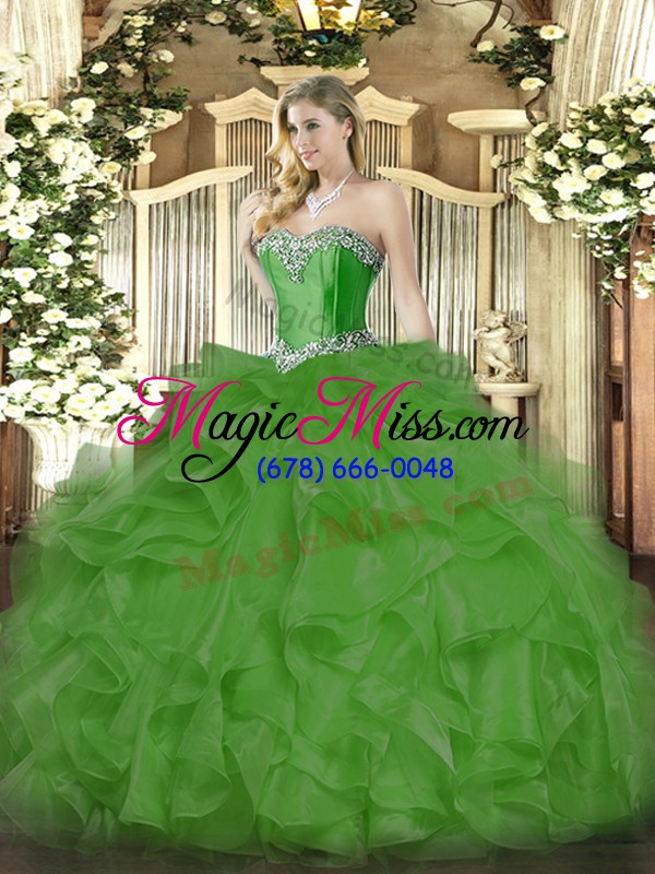 wholesale designer green organza lace up sweetheart sleeveless floor length quince ball gowns beading and ruffles