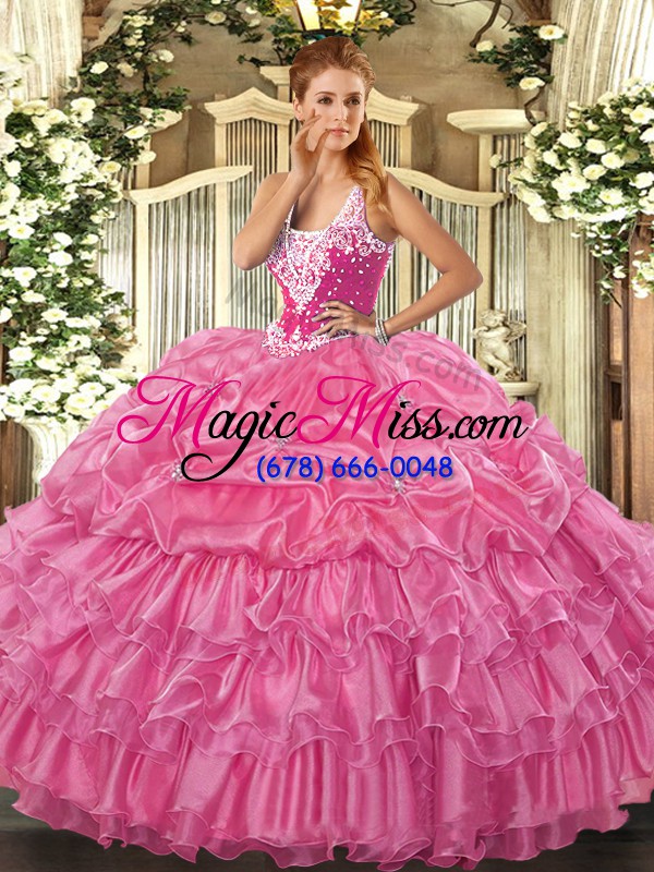 wholesale attractive floor length rose pink vestidos de quinceanera organza sleeveless beading and ruffled layers and pick ups