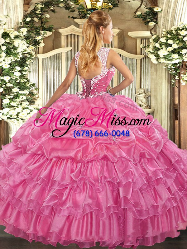 wholesale attractive floor length rose pink vestidos de quinceanera organza sleeveless beading and ruffled layers and pick ups