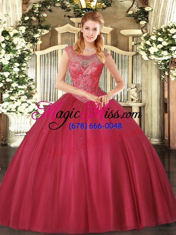 wholesale coral red ball gowns scoop sleeveless tulle floor length lace up beading 15 quinceanera dress