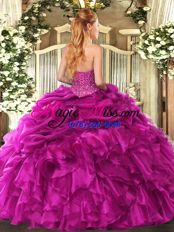 wholesale organza sweetheart sleeveless lace up beading and ruffles and pick ups ball gown prom dress in purple