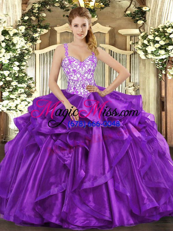 wholesale eggplant purple lace up straps beading and appliques and ruffles quinceanera gown organza sleeveless