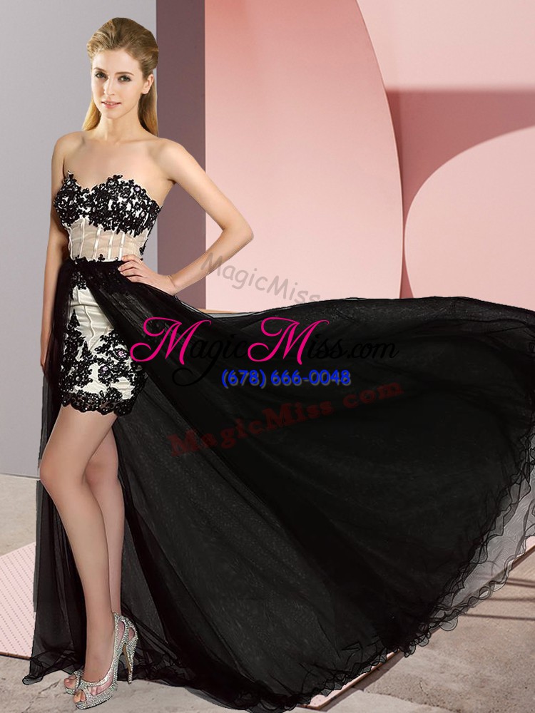 wholesale dramatic sleeveless tulle high low sweep train lace up homecoming dress in white and black with embroidery