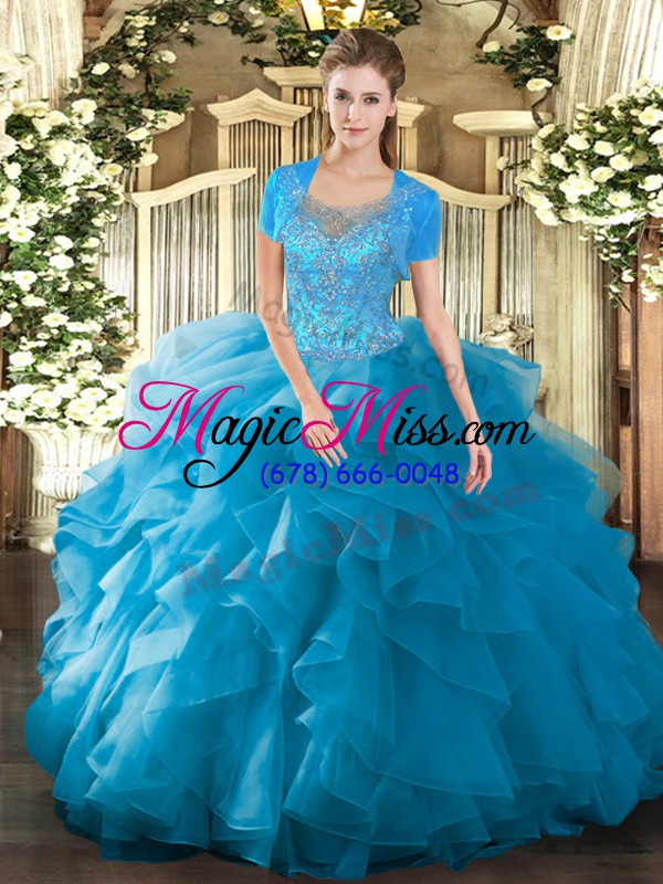 wholesale high class teal clasp handle scoop beading and ruffled layers quinceanera dress tulle sleeveless