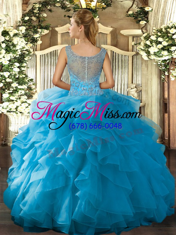 wholesale high class teal clasp handle scoop beading and ruffled layers quinceanera dress tulle sleeveless