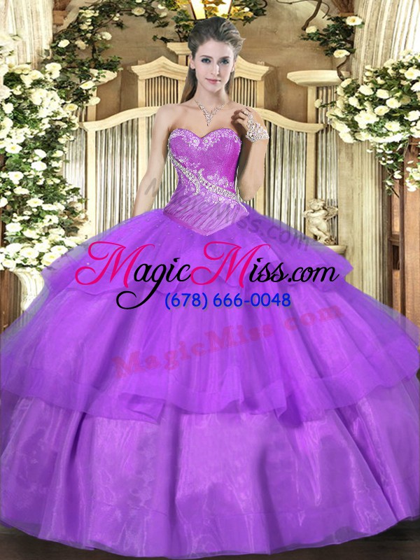 wholesale floor length lace up quinceanera dress lilac for military ball and sweet 16 and quinceanera with beading and ruffled layers
