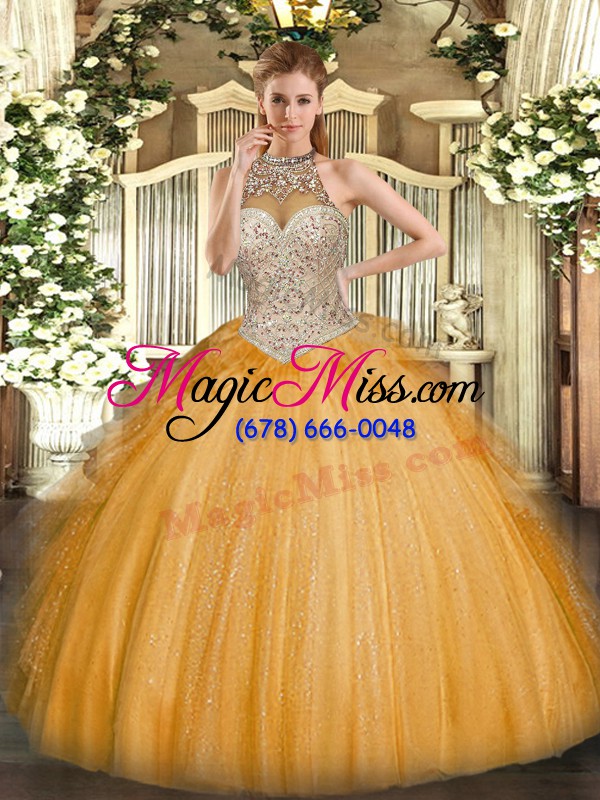wholesale orange halter top lace up beading and ruffles ball gown prom dress sleeveless