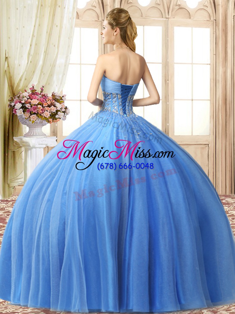 wholesale artistic sleeveless tulle floor length lace up 15 quinceanera dress in aqua blue with beading
