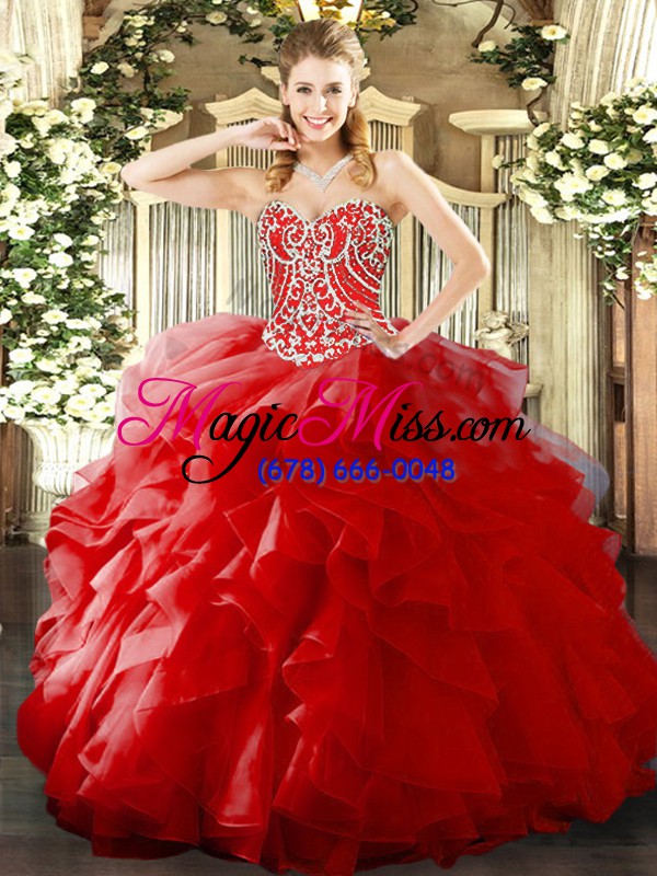 wholesale red sleeveless beading and ruffles floor length quince ball gowns