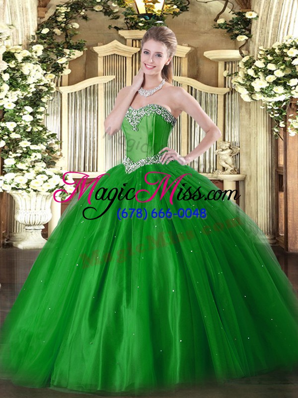wholesale green ball gowns beading sweet 16 dress lace up tulle sleeveless floor length