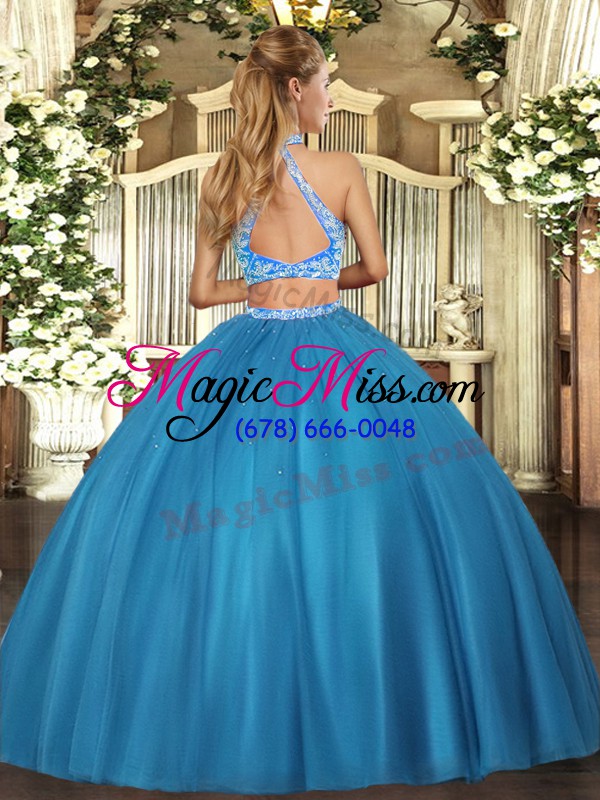 wholesale spectacular aqua blue two pieces beading quinceanera gowns criss cross tulle sleeveless floor length