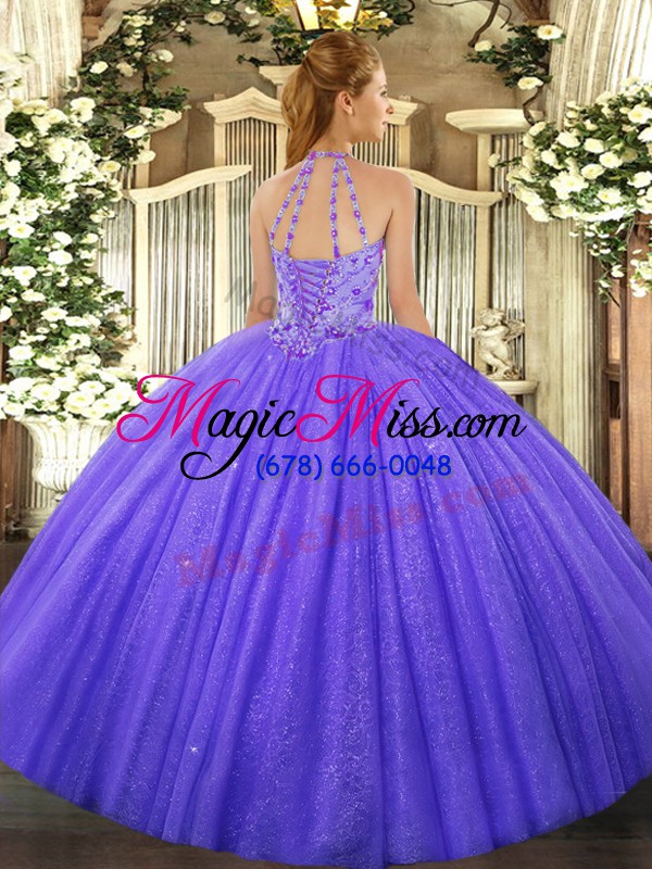 wholesale ball gowns quinceanera gowns blue halter top tulle sleeveless floor length lace up