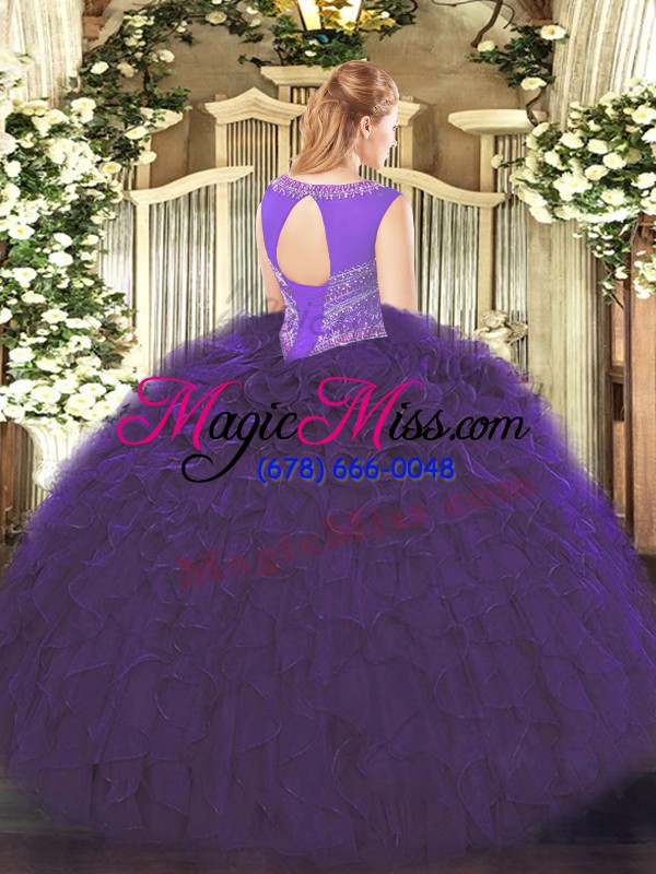 wholesale purple ball gowns beading and ruffles quince ball gowns lace up organza sleeveless floor length