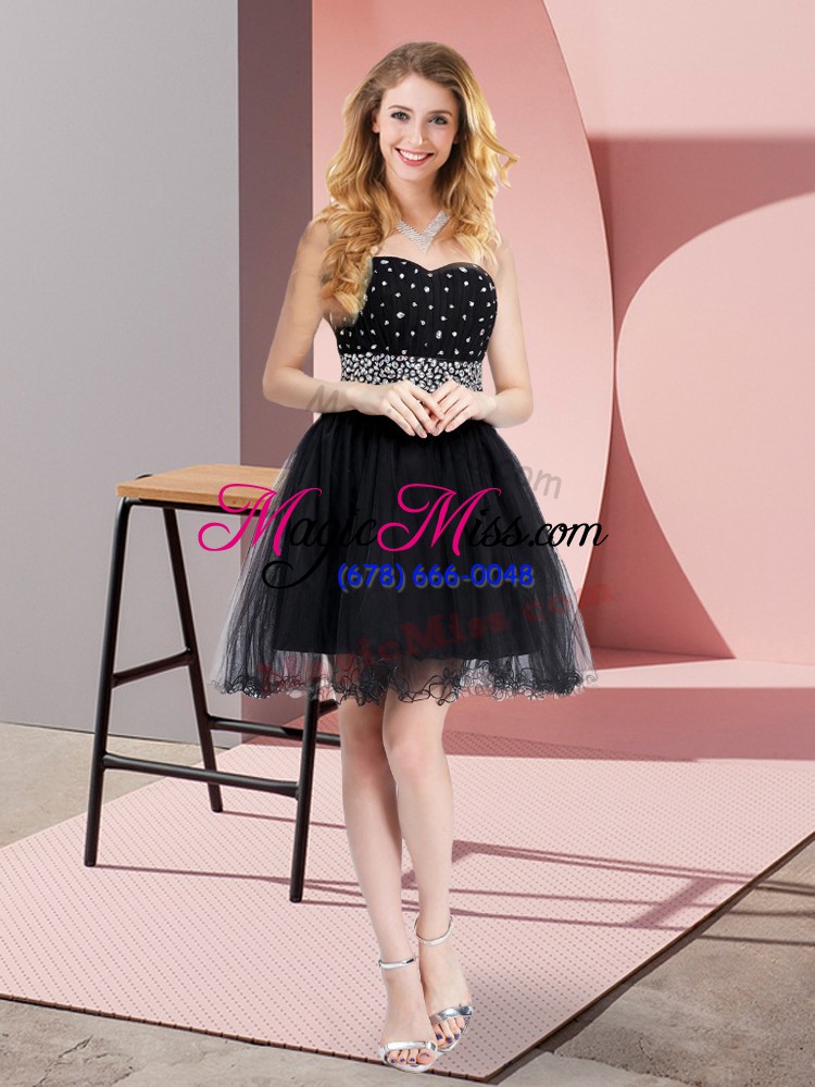 wholesale glittering black a-line sweetheart sleeveless elastic woven satin and tulle mini length lace up beading prom gown