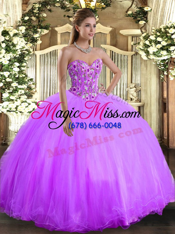 wholesale nice sleeveless floor length embroidery lace up vestidos de quinceanera with lavender