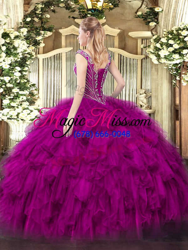 wholesale v-neck sleeveless lace up quinceanera gowns fuchsia organza