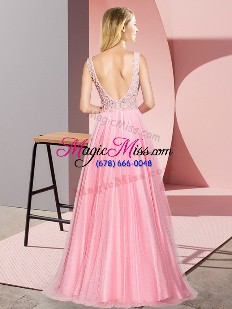 wholesale peach a-line tulle v-neck sleeveless lace floor length zipper prom evening gown