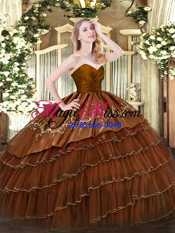 wholesale brown ball gowns sweetheart sleeveless organza and taffeta floor length zipper embroidery and ruffled layers sweet 16 quinceanera dress